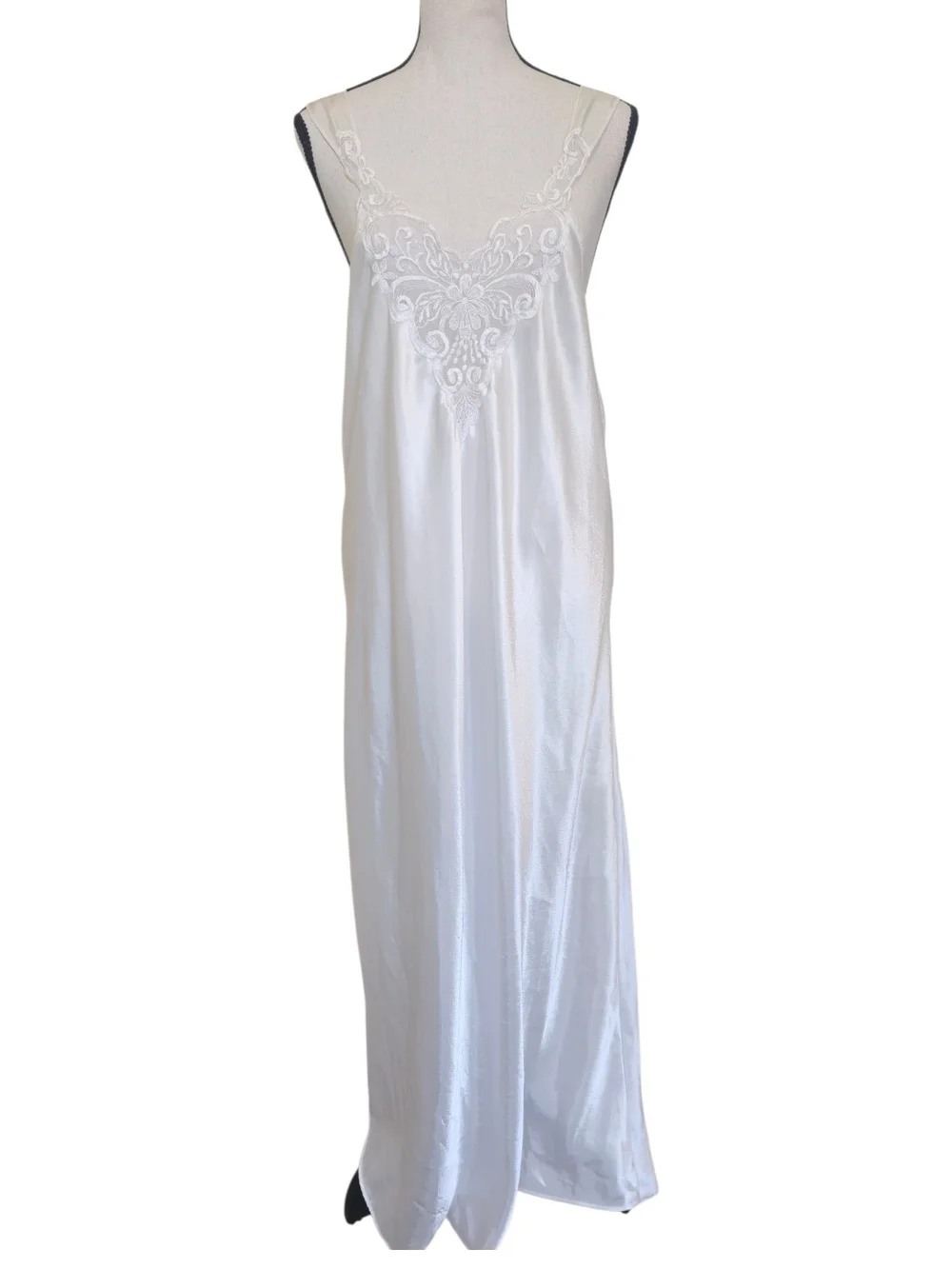 Appel Vintage White Silky Maxi Slip Dress Nightgown Lingerie Size M Bridal Lace